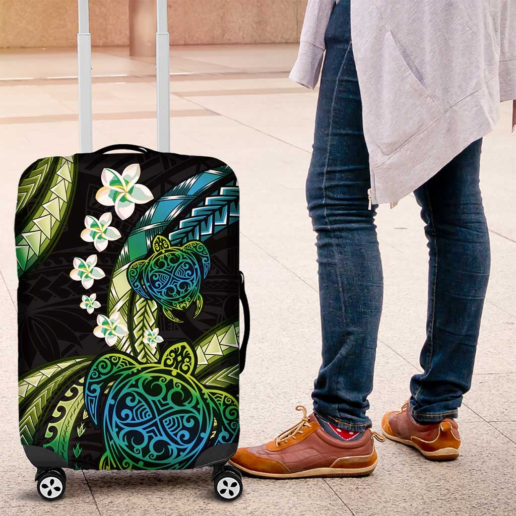 Hawaii Turtles Plumeria Luggage Cover Chartreuse Cyan Polynesian Pattern
