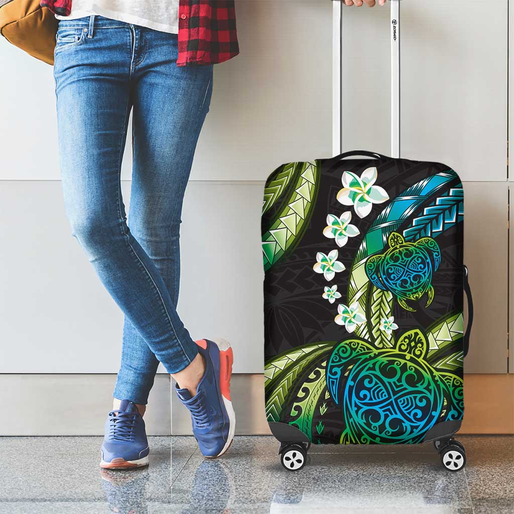 Hawaii Turtles Plumeria Luggage Cover Chartreuse Cyan Polynesian Pattern