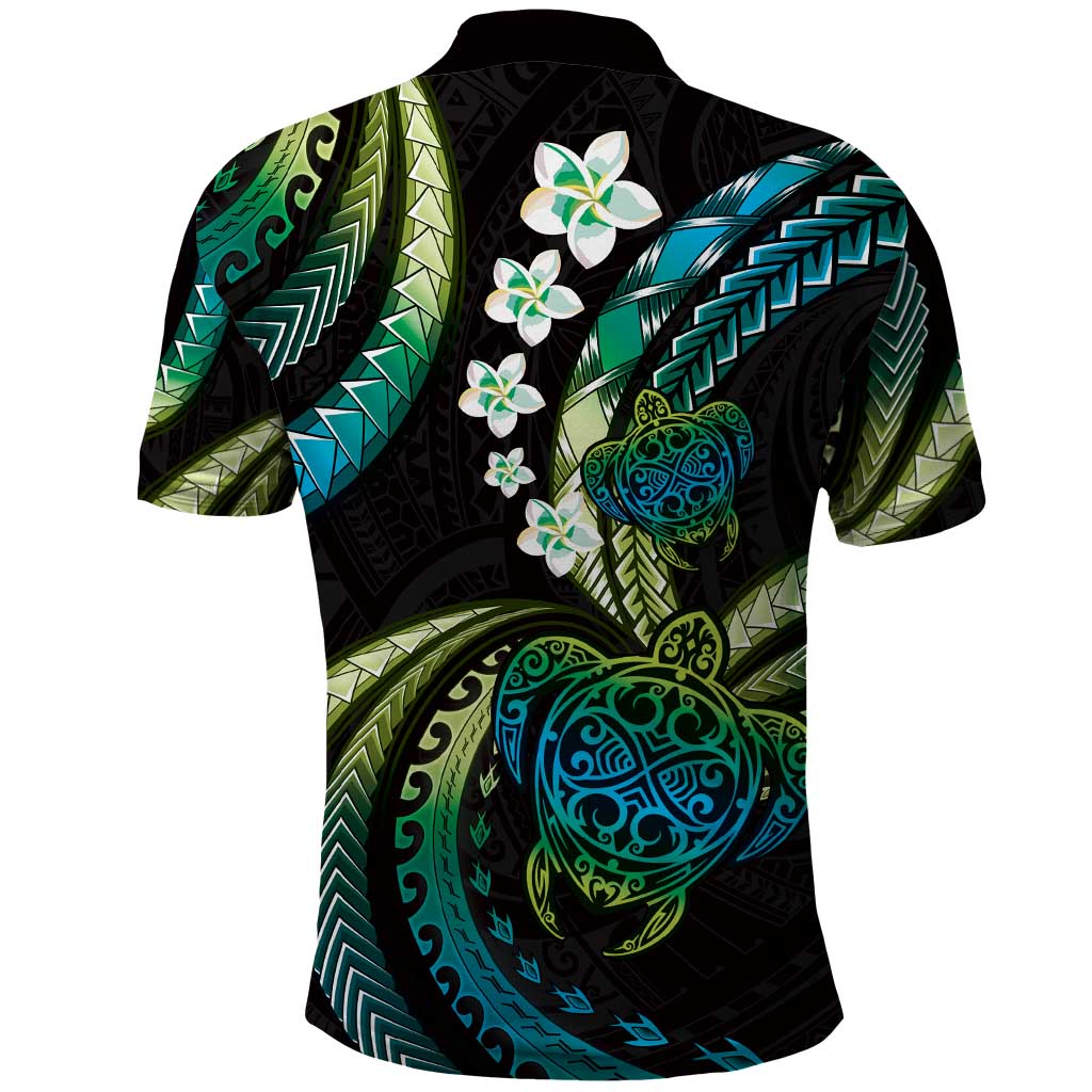 Hawaii Turtles Plumeria Polo Shirt Chartreuse Cyan Polynesian Pattern
