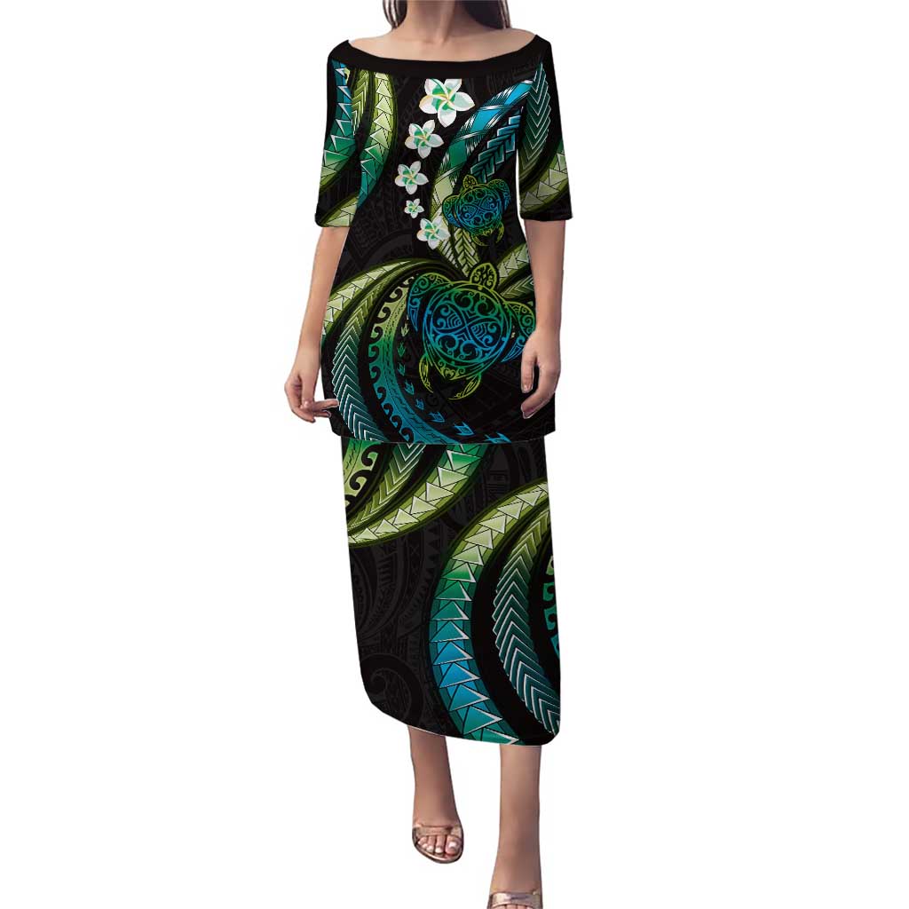 Hawaii Turtles Plumeria Puletasi Chartreuse Cyan Polynesian Pattern