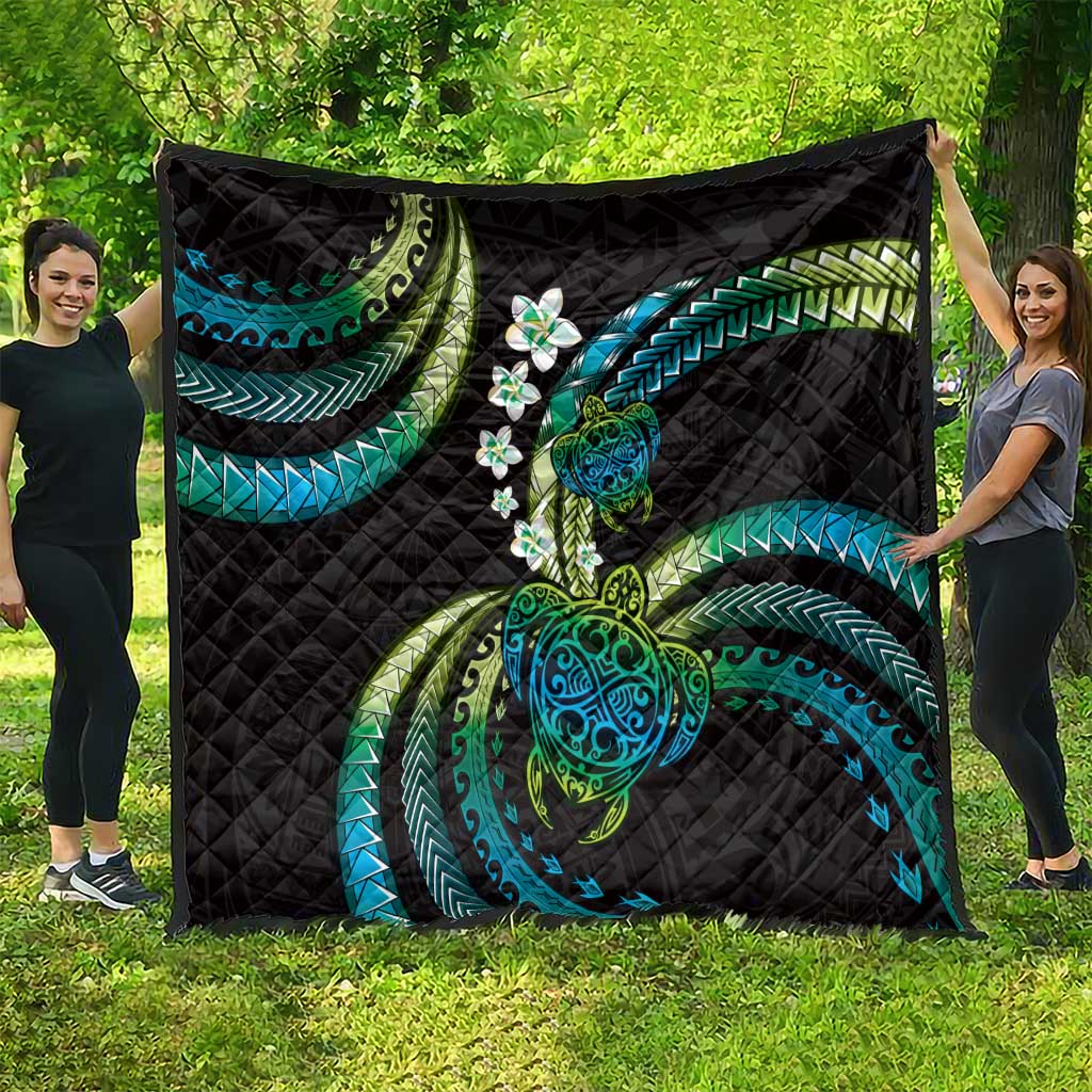 Hawaii Turtles Plumeria Quilt Chartreuse Cyan Polynesian Pattern