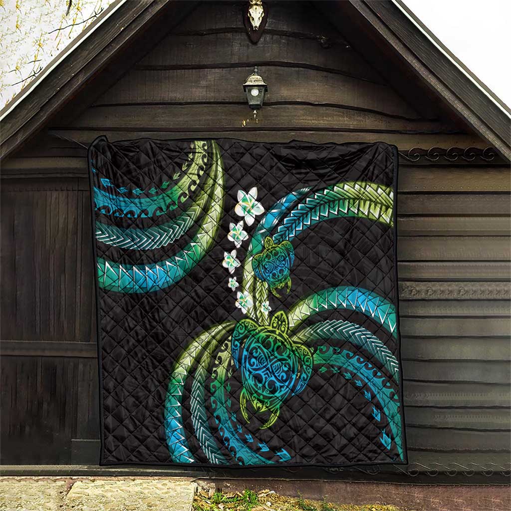 Hawaii Turtles Plumeria Quilt Chartreuse Cyan Polynesian Pattern