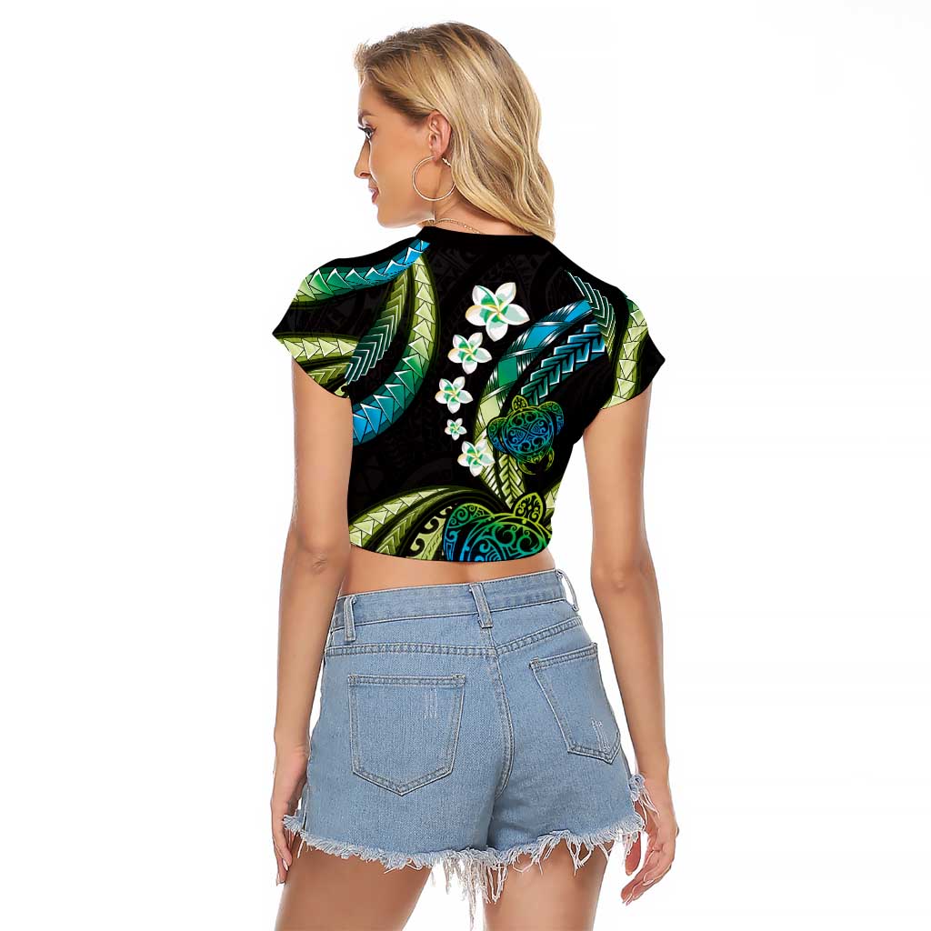 Hawaii Turtles Plumeria Raglan Cropped T Shirt Chartreuse Cyan Polynesian Pattern