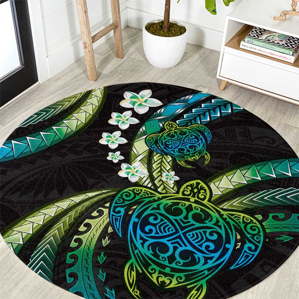 Hawaii Turtles Plumeria Round Carpet Chartreuse Cyan Polynesian Pattern