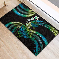 Hawaii Turtles Plumeria Rubber Doormat Chartreuse Cyan Polynesian Pattern