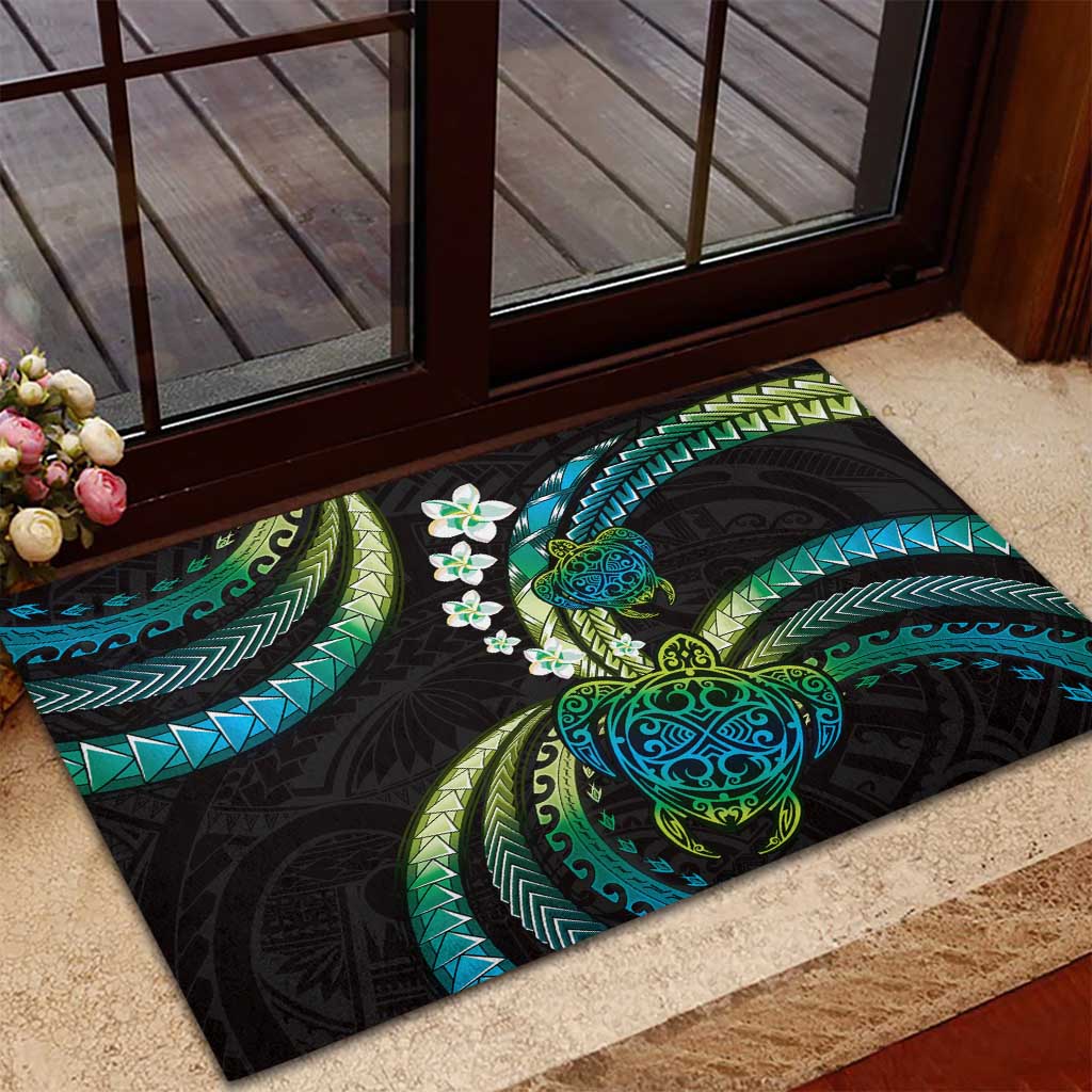 Hawaii Turtles Plumeria Rubber Doormat Chartreuse Cyan Polynesian Pattern