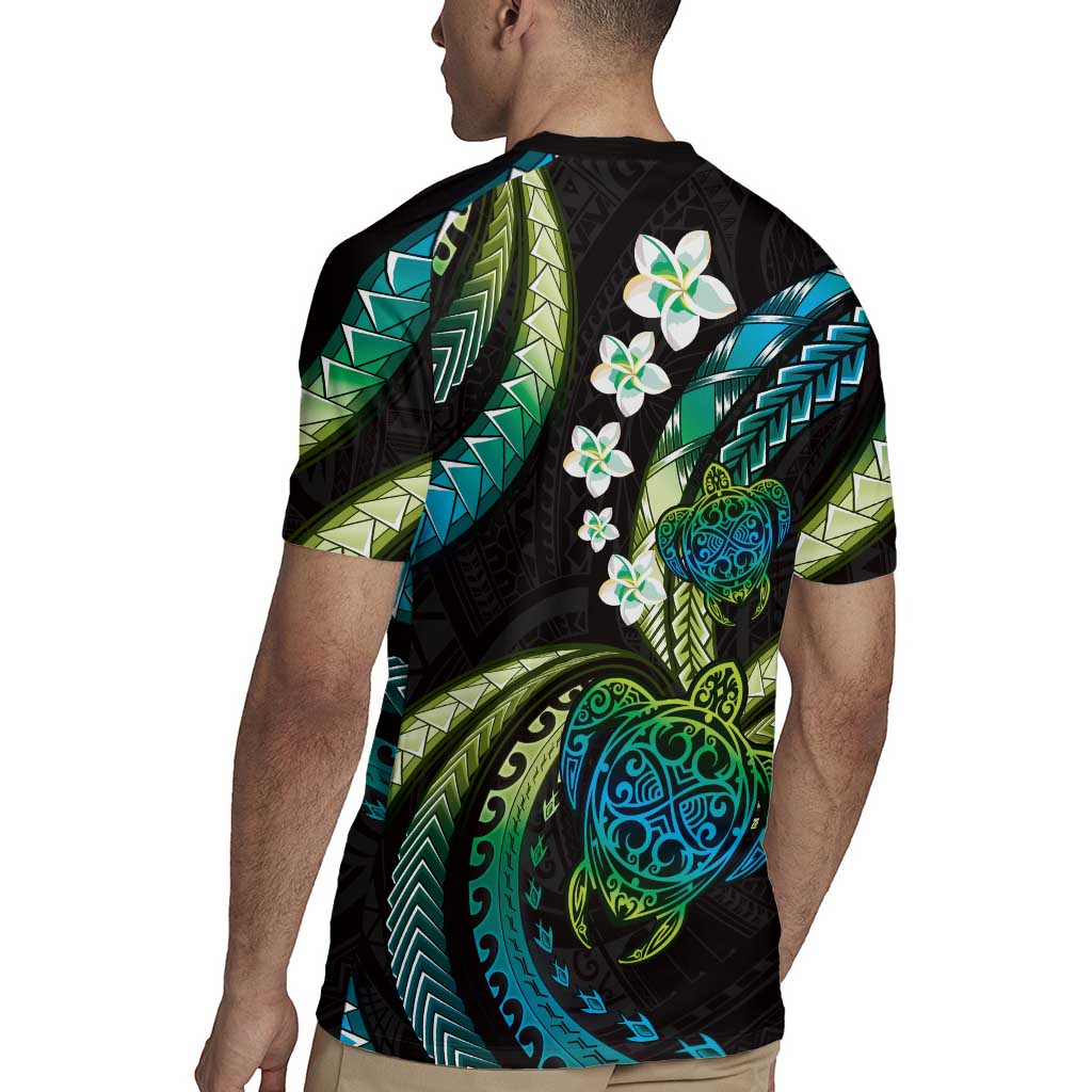 Hawaii Turtles Plumeria Rugby Jersey Chartreuse Cyan Polynesian Pattern