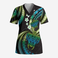 Hawaii Turtles Plumeria Scrub Top Chartreuse Cyan Polynesian Pattern - Polynesian Pride