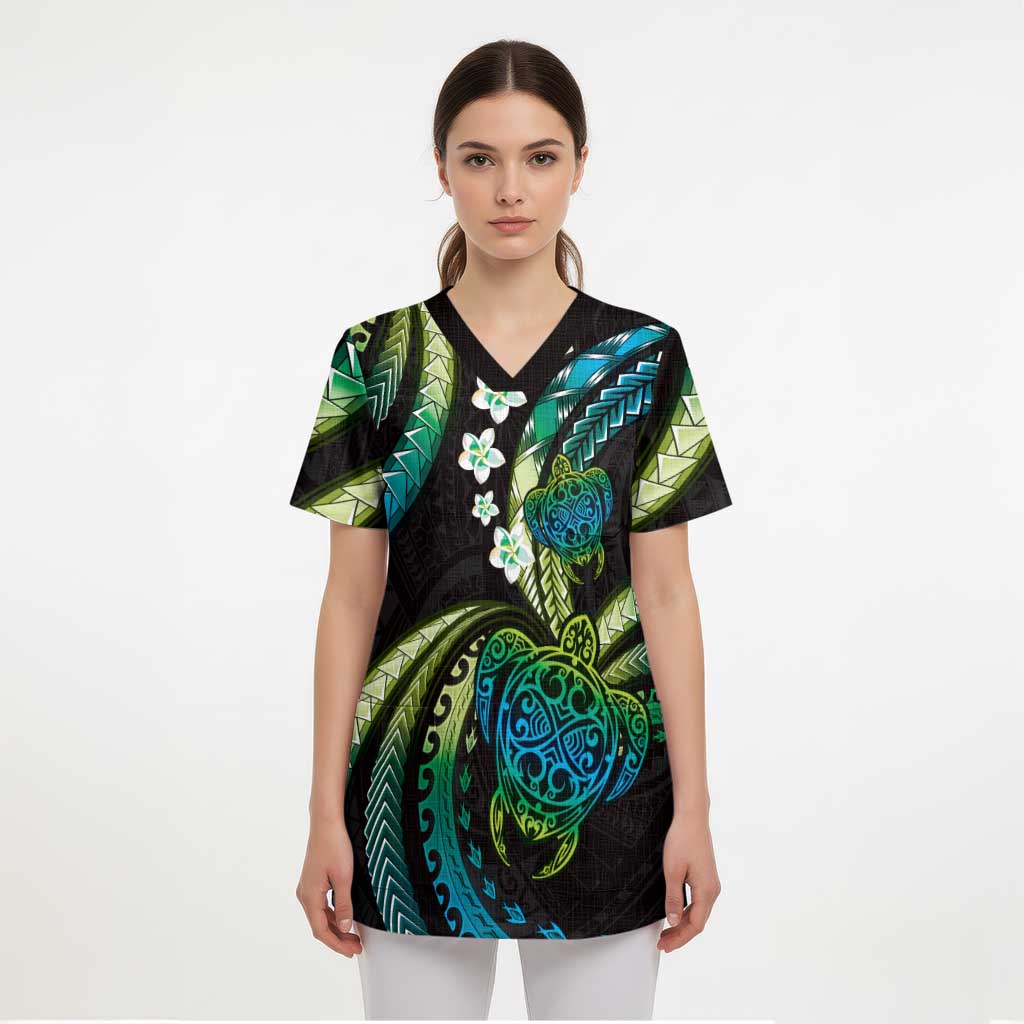 Hawaii Turtles Plumeria Scrub Top Chartreuse Cyan Polynesian Pattern - Polynesian Pride