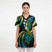 Hawaii Turtles Plumeria Scrub Top Chartreuse Cyan Polynesian Pattern - Polynesian Pride