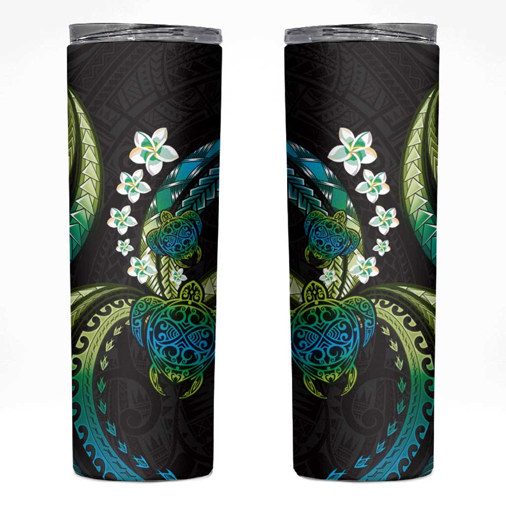 Hawaii Turtles Plumeria Skinny Tumbler Chartreuse Cyan Polynesian Pattern