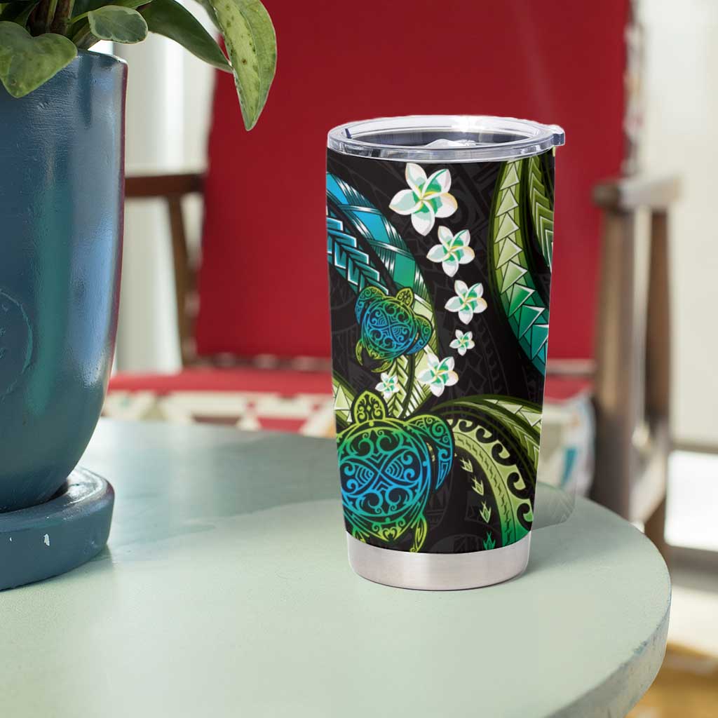 Hawaii Turtles Plumeria Tumbler Cup Chartreuse Cyan Polynesian Pattern