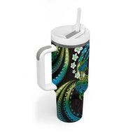 Hawaii Turtles Plumeria Tumbler With Handle Chartreuse Cyan Polynesian Pattern