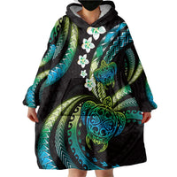 Hawaii Turtles Plumeria Wearable Blanket Hoodie Chartreuse Cyan Polynesian Pattern