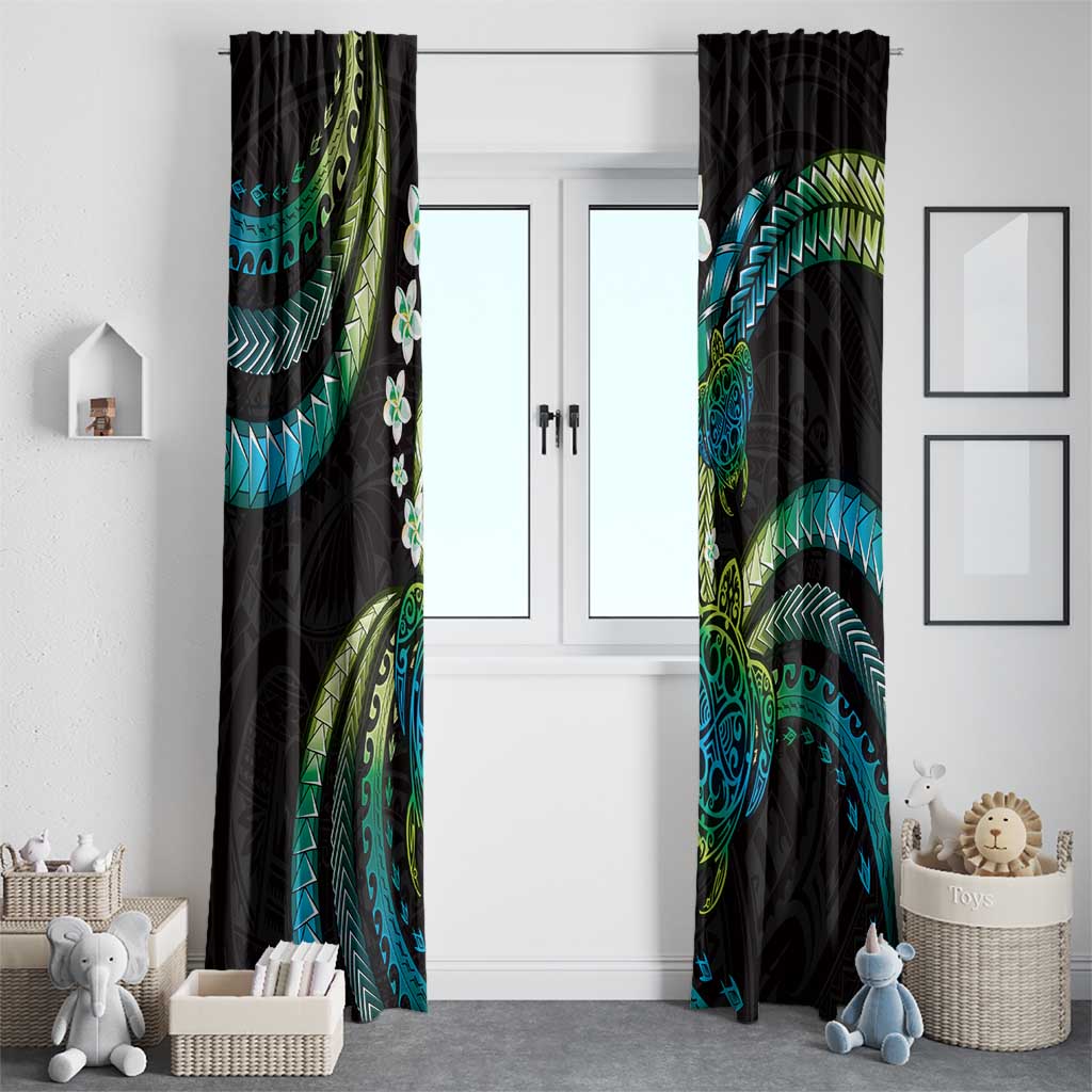 Hawaii Turtles Plumeria Window Curtain Chartreuse Cyan Polynesian Pattern