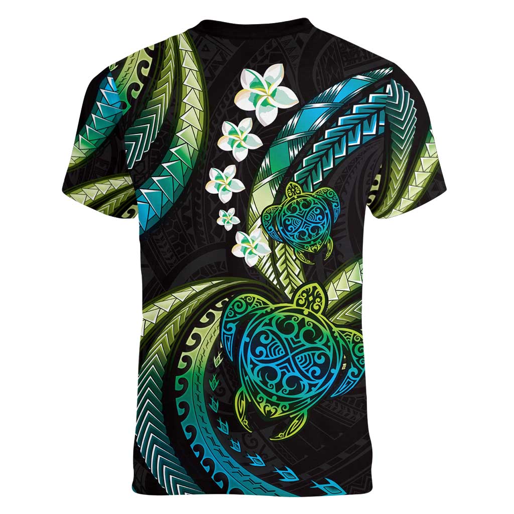 Hawaii Turtles Plumeria Women V-Neck T-Shirt Chartreuse Cyan Polynesian Pattern