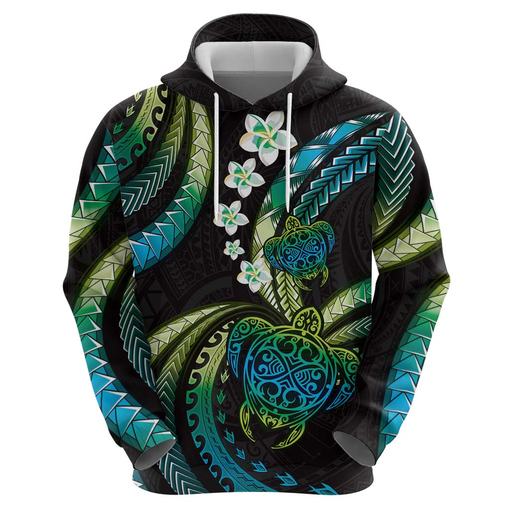Hawaii Turtles Plumeria Zip Hoodie Chartreuse Cyan Polynesian Pattern