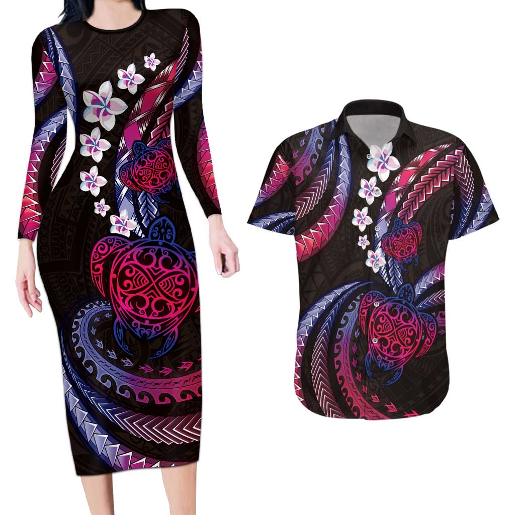Hawaii Turtles Plumeria Couples Matching Long Sleeve Bodycon Dress and Hawaiian Shirt Sweet Gradient Polynesian Pattern