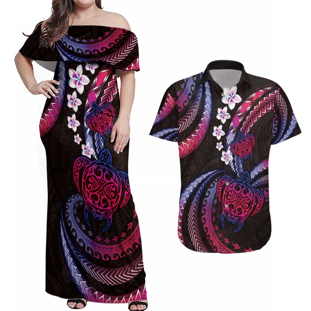 Hawaii Turtles Plumeria Couples Matching Off Shoulder Maxi Dress and Hawaiian Shirt Sweet Gradient Polynesian Pattern