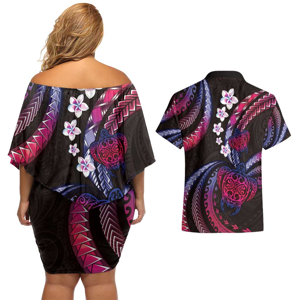 Hawaii Turtles Plumeria Couples Matching Off Shoulder Short Dress and Hawaiian Shirt Sweet Gradient Polynesian Pattern