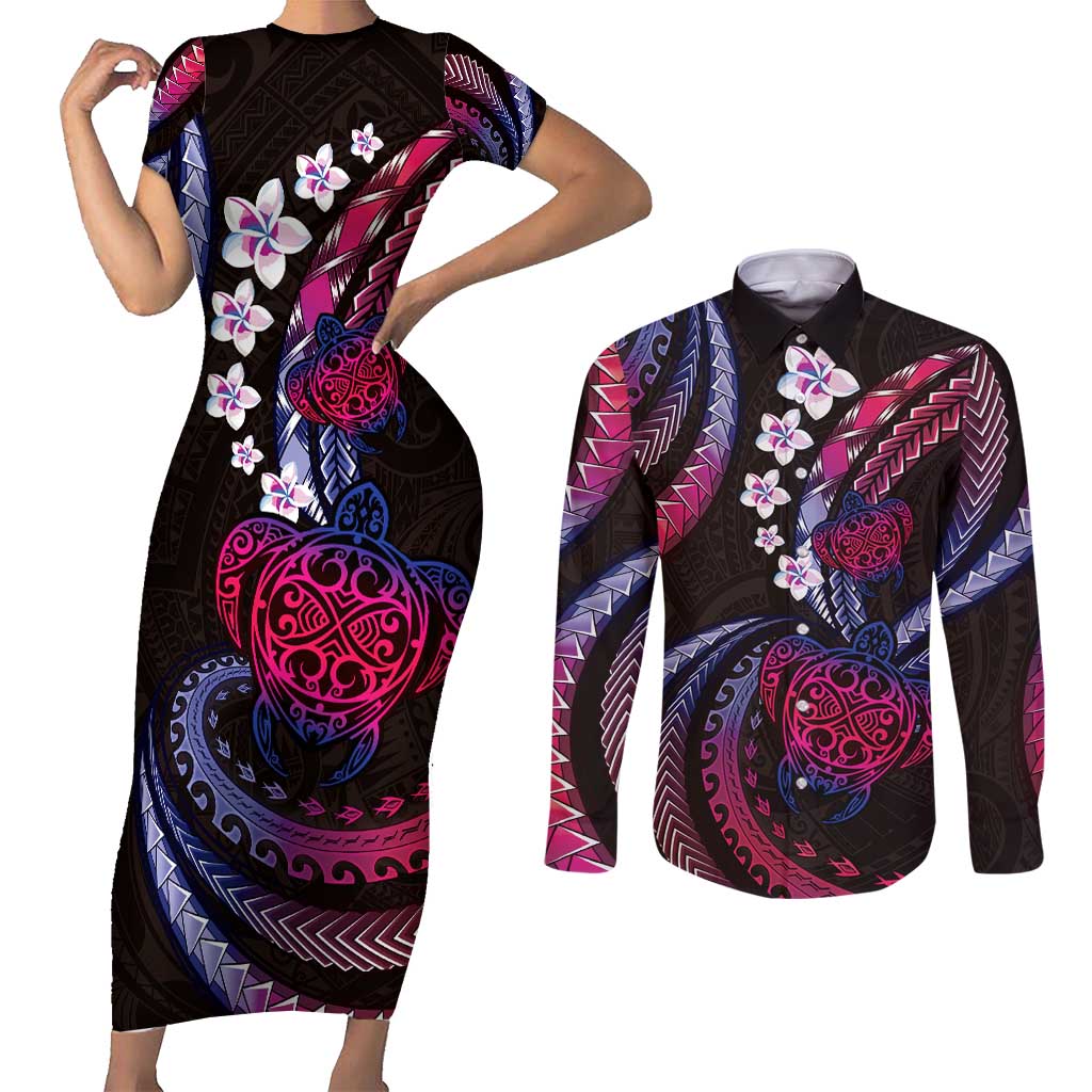 Hawaii Turtles Plumeria Couples Matching Short Sleeve Bodycon Dress and Long Sleeve Button Shirt Sweet Gradient Polynesian Pattern