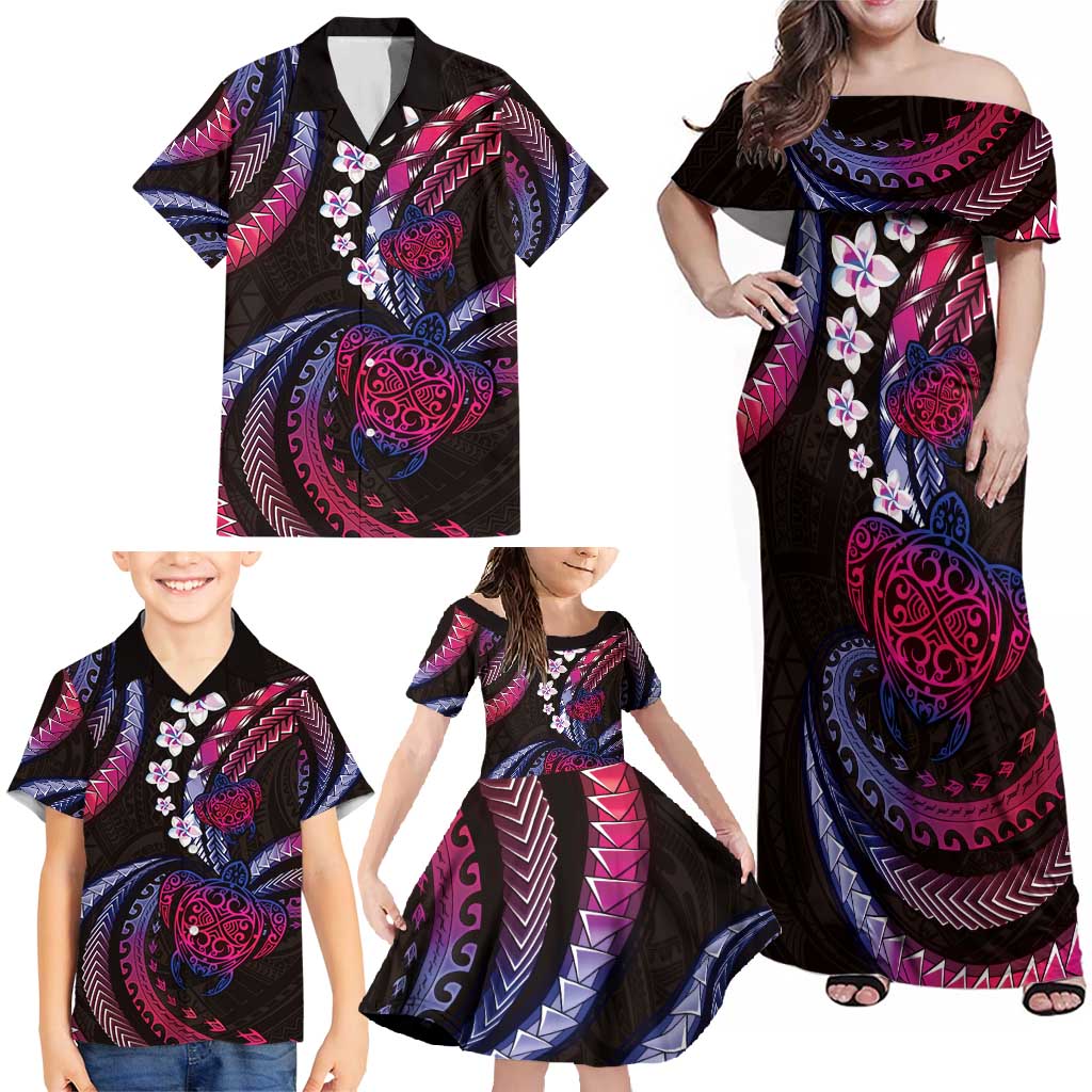 Hawaii Turtles Plumeria Family Matching Off Shoulder Maxi Dress and Hawaiian Shirt Sweet Gradient Polynesian Pattern