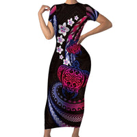 Hawaii Turtles Plumeria Family Matching Short Sleeve Bodycon Dress and Hawaiian Shirt Sweet Gradient Polynesian Pattern