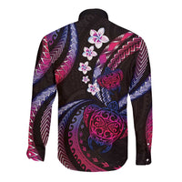 Hawaii Turtles Plumeria Long Sleeve Button Shirt Sweet Gradient Polynesian Pattern