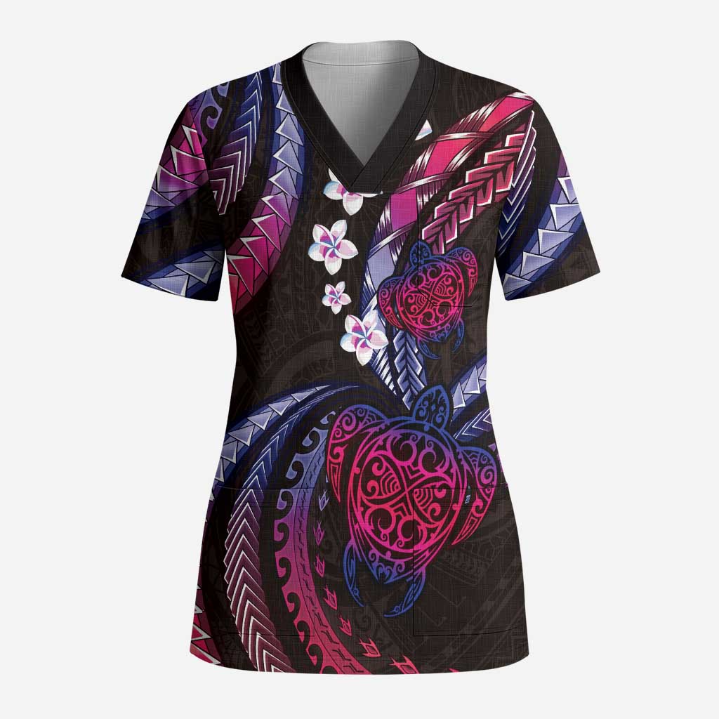 Hawaii Turtles Plumeria Scrub Top Sweet Gradient Polynesian Pattern - Polynesian Pride