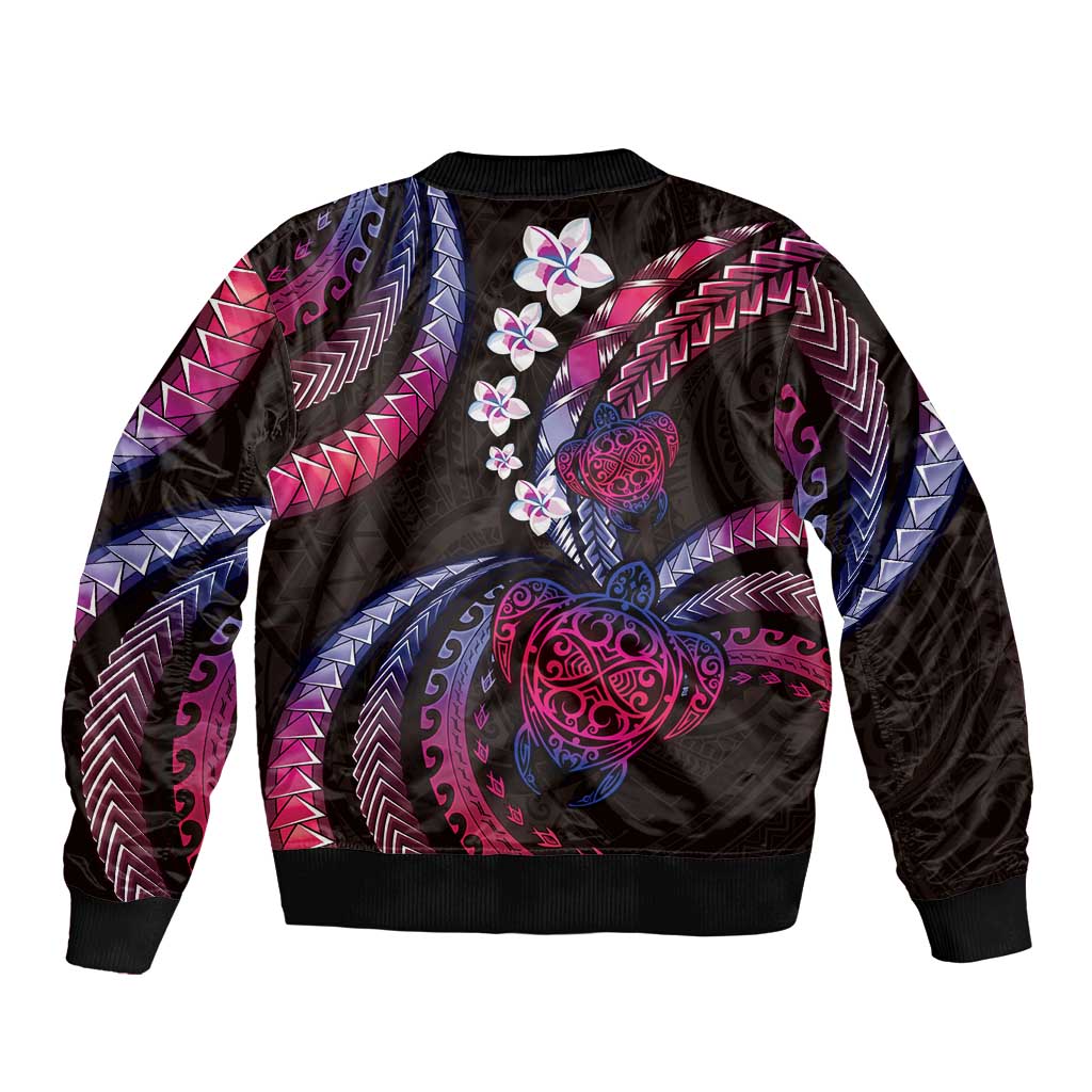 Hawaii Turtles Plumeria Sleeve Zip Bomber Jacket Sweet Gradient Polynesian Pattern