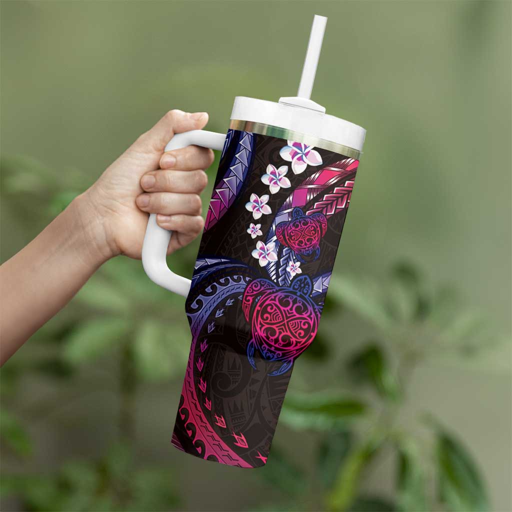 Hawaii Turtles Plumeria Tumbler With Handle Sweet Gradient Polynesian Pattern