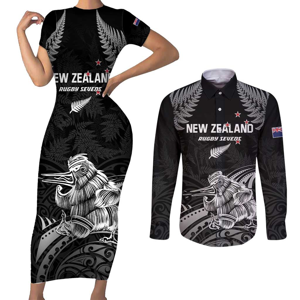 Custom New Zealand 2024 Rugby Couples Matching Short Sleeve Bodycon Dress and Long Sleeve Button Shirt Silver Fern Aotearoa Kiwi