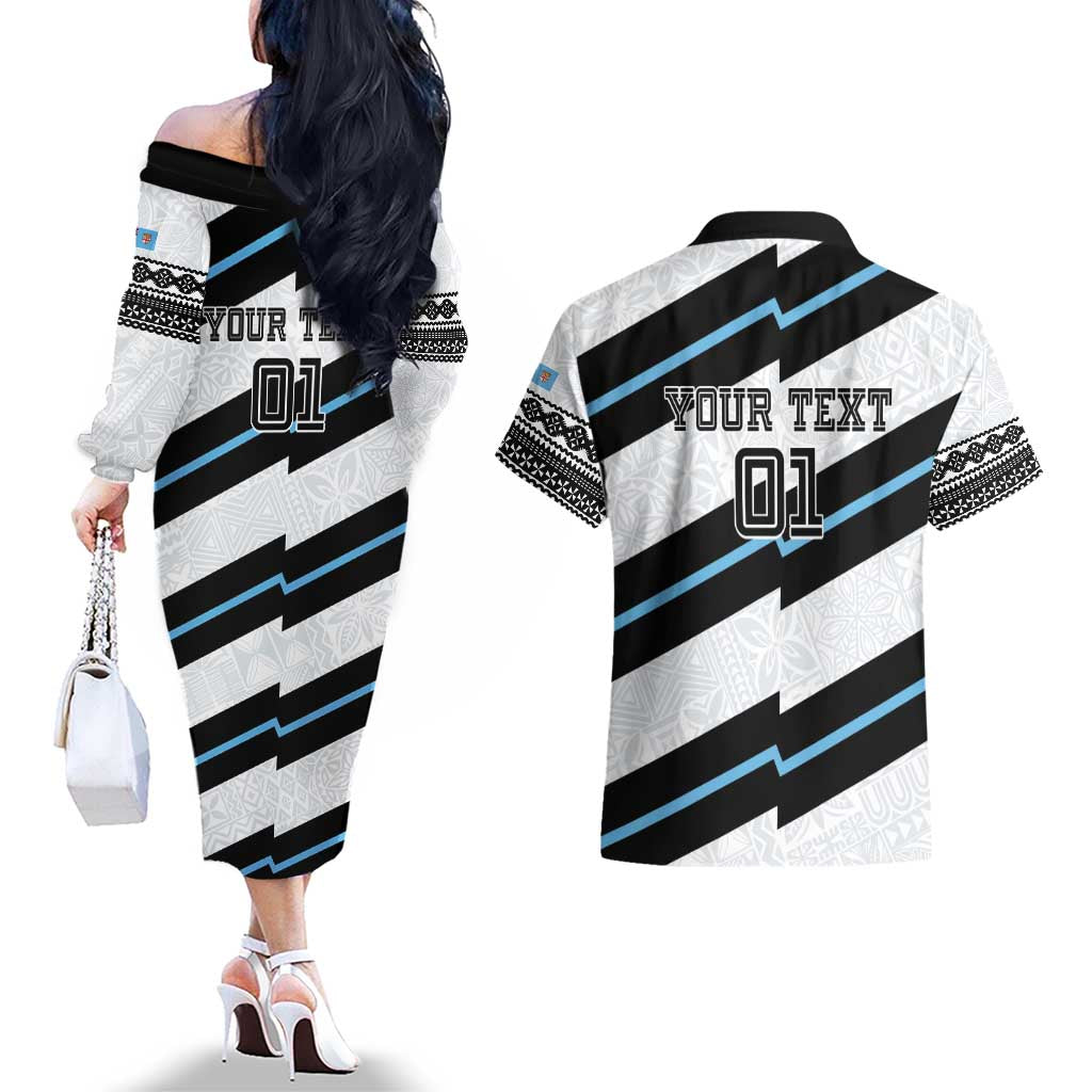 Custom Fiji 2024 Rugby Couples Matching Off The Shoulder Long Sleeve Dress and Hawaiian Shirt Fijian Tapa Pattern