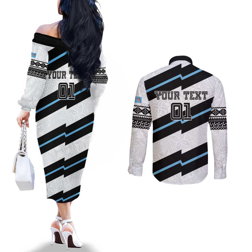 Custom Fiji 2024 Rugby Couples Matching Off The Shoulder Long Sleeve Dress and Long Sleeve Button Shirt Fijian Tapa Pattern
