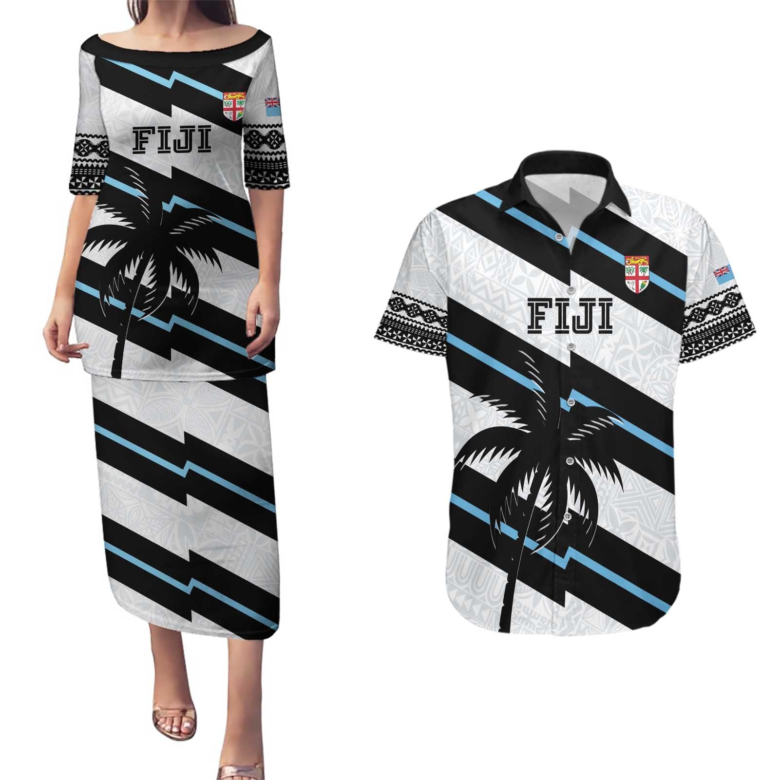 Custom Fiji 2024 Rugby Couples Matching Puletasi and Hawaiian Shirt Fijian Tapa Pattern