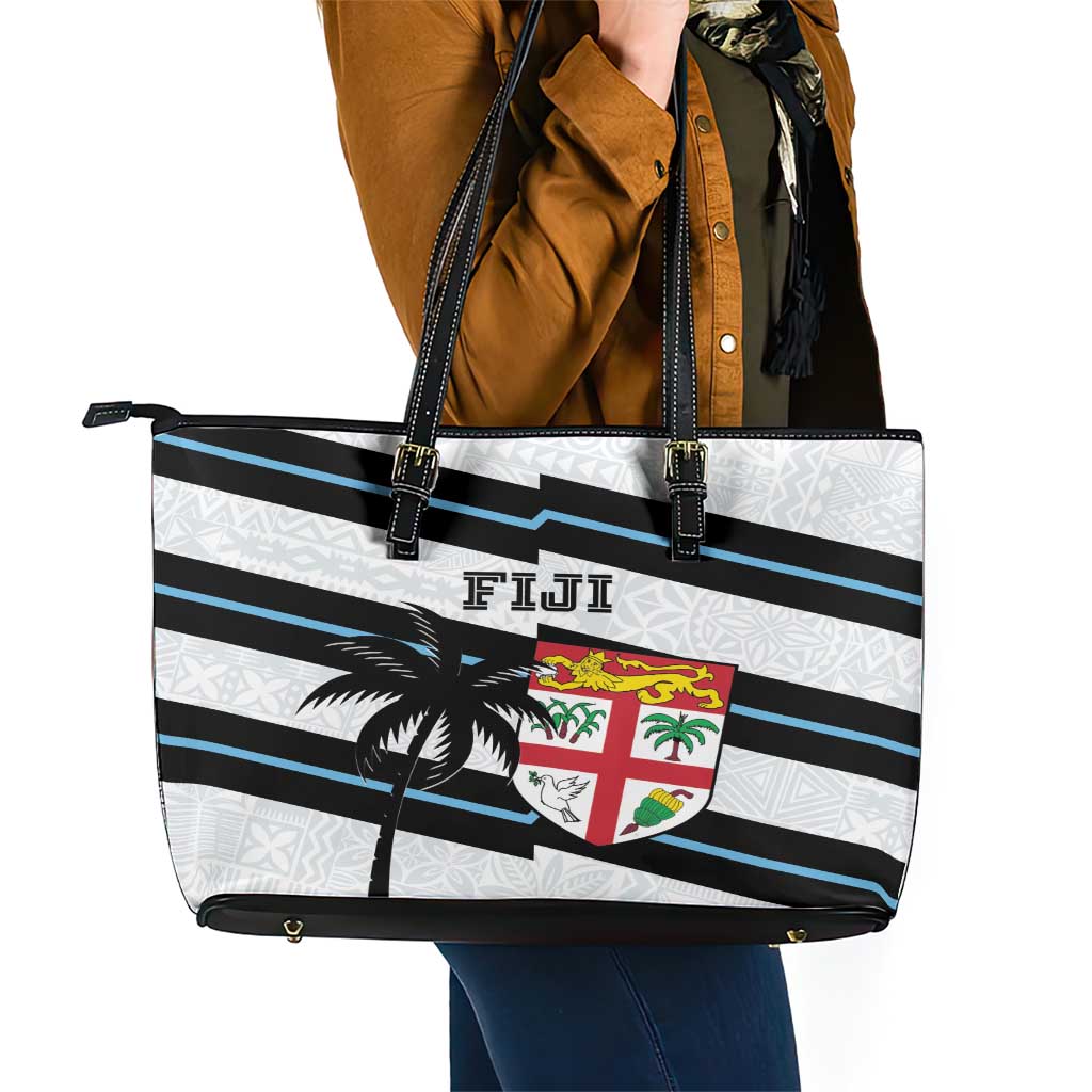 Fiji 2024 Rugby Leather Tote Bag Fijian Tapa Pattern