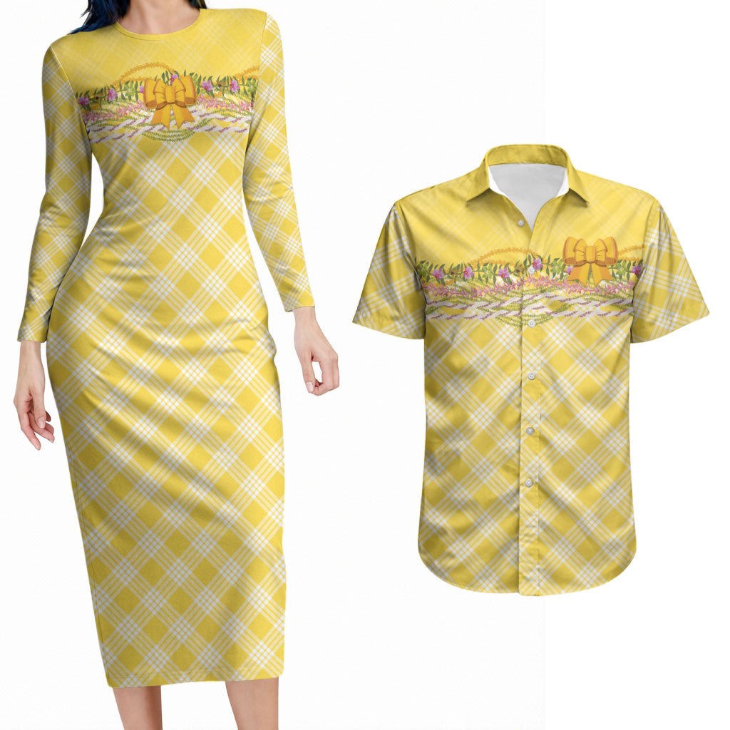 Hawaii Palaka Pikake Lokelani Plumeria Couples Matching Long Sleeve Bodycon Dress and Hawaiian Shirt Melemele Coquette Bow LT01 Yellow - Polynesian Pride