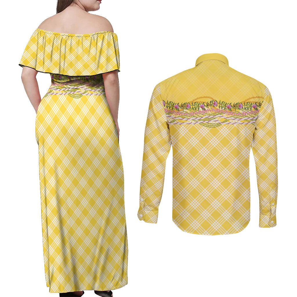 Hawaii Palaka Pikake Lokelani Plumeria Couples Matching Off Shoulder Maxi Dress and Long Sleeve Button Shirt Melemele Coquette Bow