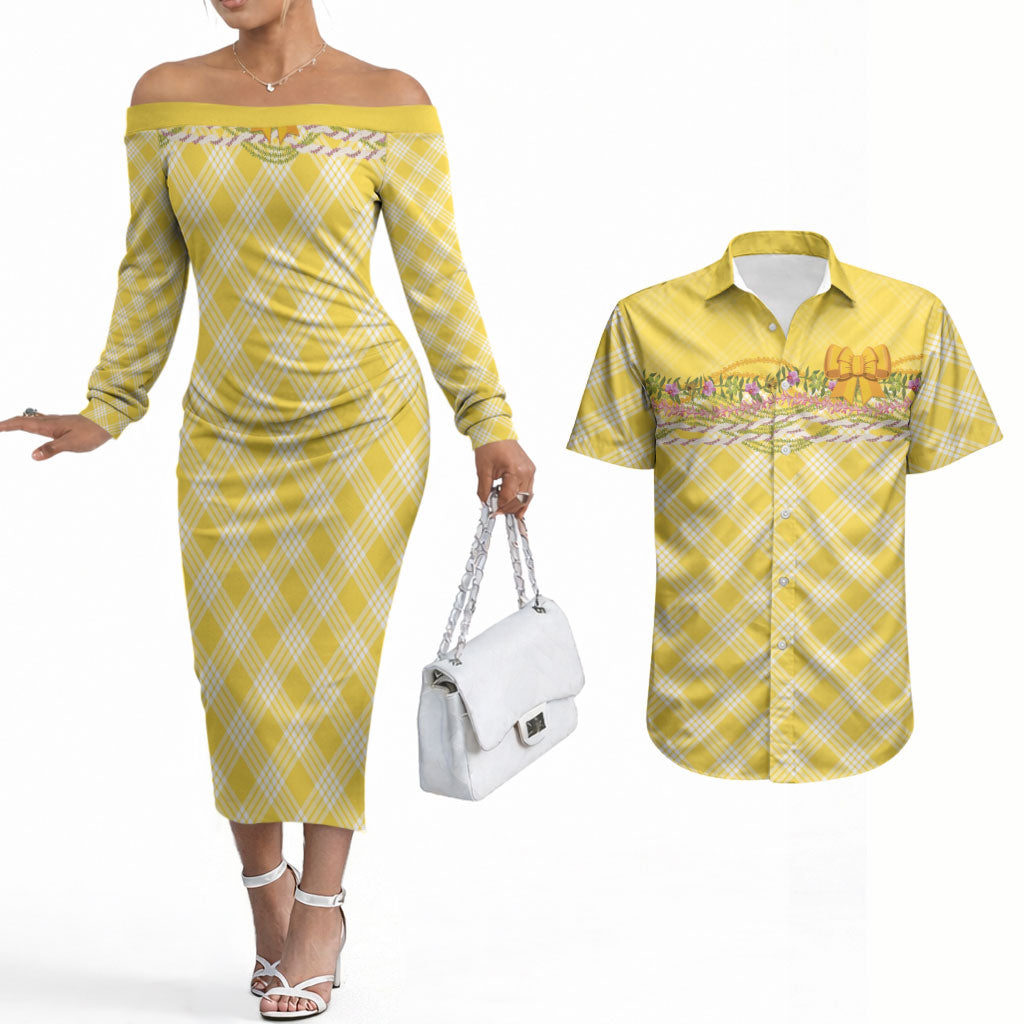 Hawaii Palaka Pikake Lokelani Plumeria Couples Matching Off The Shoulder Long Sleeve Dress and Hawaiian Shirt Melemele Coquette Bow LT01 Yellow - Polynesian Pride