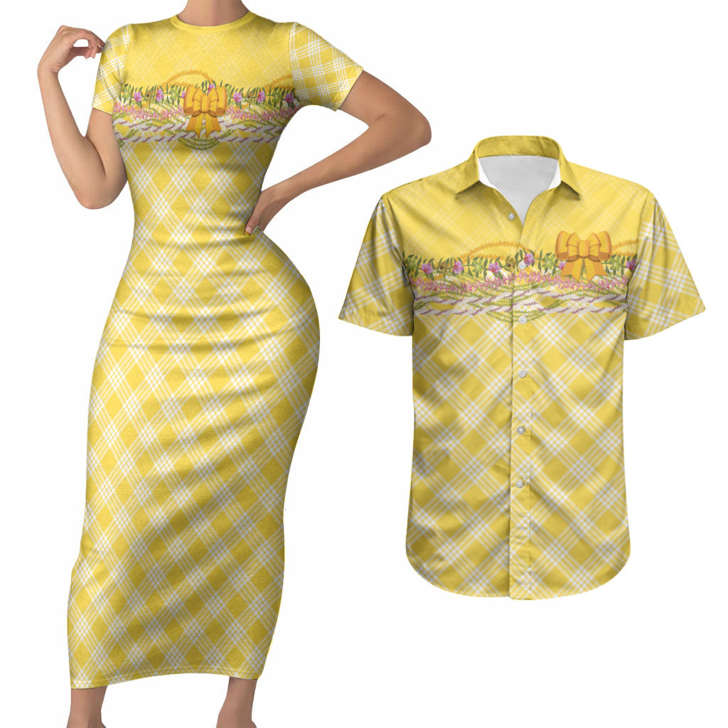 Hawaii Palaka Pikake Lokelani Plumeria Couples Matching Short Sleeve Bodycon Dress and Hawaiian Shirt Melemele Coquette Bow LT01 Yellow - Polynesian Pride