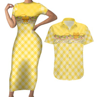 Hawaii Palaka Pikake Lokelani Plumeria Couples Matching Short Sleeve Bodycon Dress and Hawaiian Shirt Melemele Coquette Bow