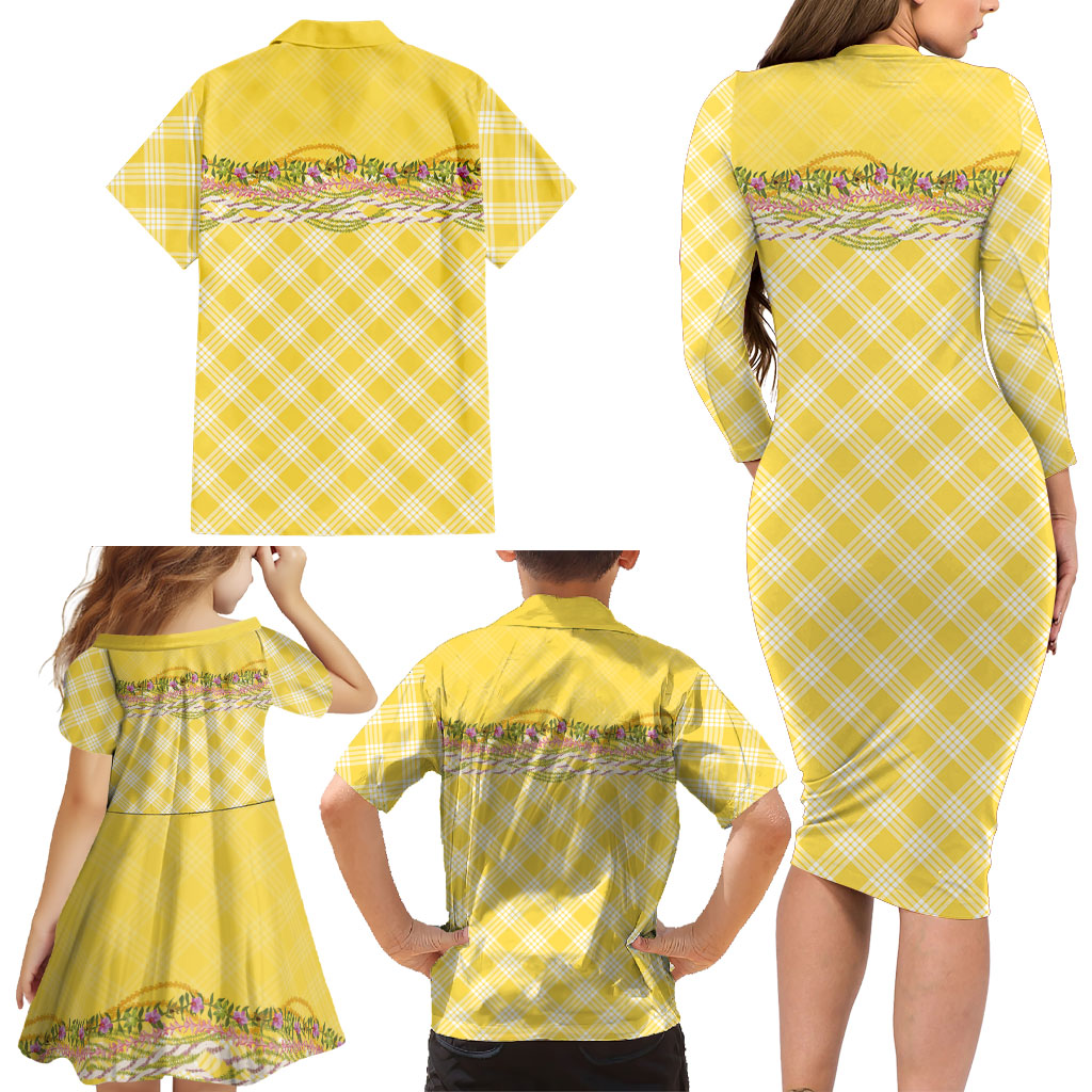 Hawaii Palaka Pikake Lokelani Plumeria Family Matching Long Sleeve Bodycon Dress and Hawaiian Shirt Melemele Coquette Bow