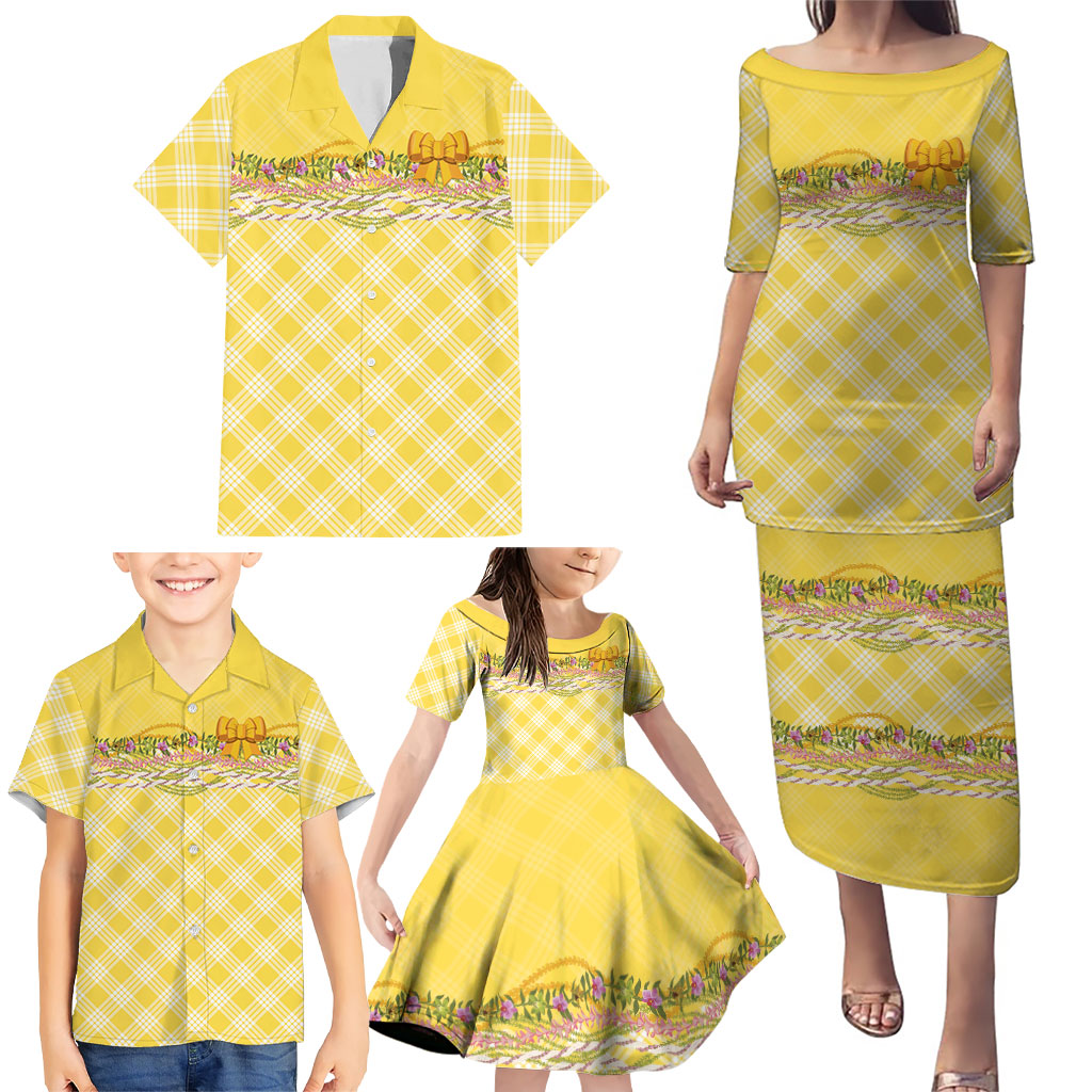 Hawaii Palaka Pikake Lokelani Plumeria Family Matching Puletasi and Hawaiian Shirt Melemele Coquette Bow