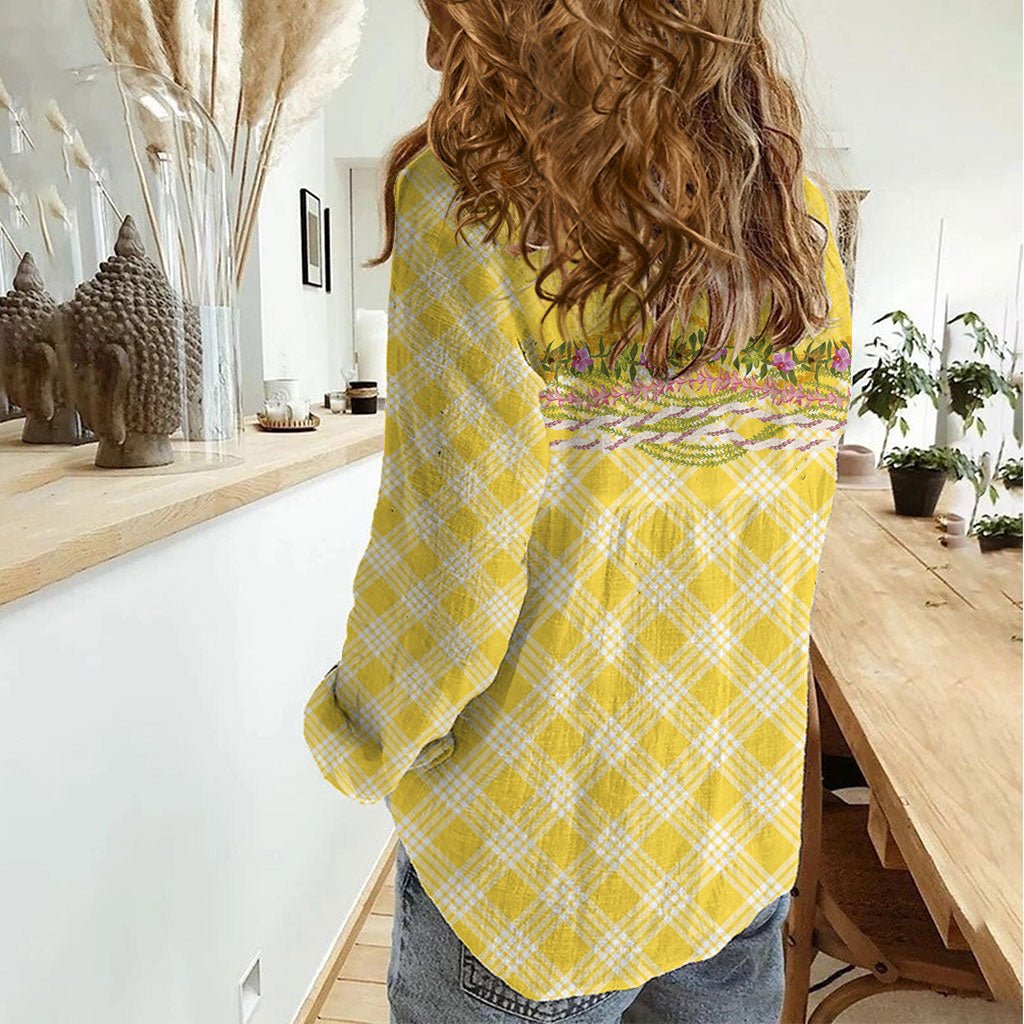 Hawaii Palaka Pikake Lokelani Plumeria Women Casual Shirt Melemele Coquette Bow