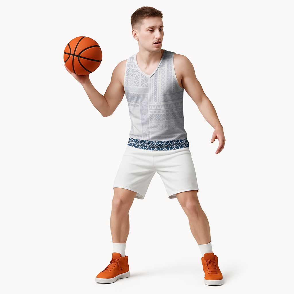 Samoa Siapo Blue Trimmed Basketball Jersey Samoa White Sunday LT01 - Polynesian Pride