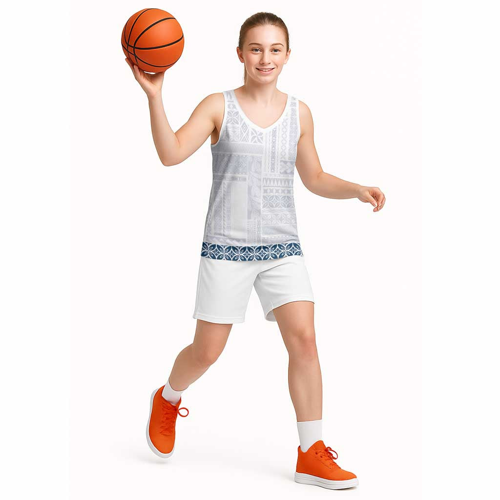 Samoa Siapo Blue Trimmed Basketball Jersey Samoa White Sunday LT01 - Polynesian Pride