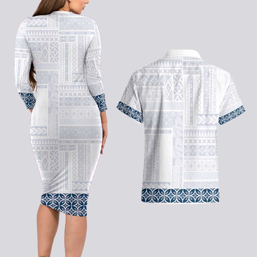 Samoa Siapo Blue Trimmed Couples Matching Long Sleeve Bodycon Dress and Hawaiian Shirt Samoa White Sunday - Polynesian Pride