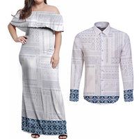 Samoa Siapo Blue Trimmed Couples Matching Off Shoulder Maxi Dress and Long Sleeve Button Shirt Samoa White Sunday - Polynesian Pride