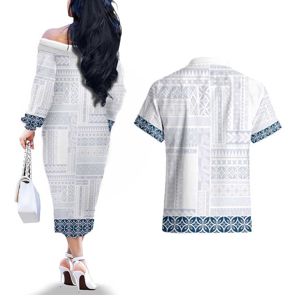 Samoa Siapo Blue Trimmed Couples Matching Off The Shoulder Long Sleeve Dress and Hawaiian Shirt Samoa White Sunday - Polynesian Pride