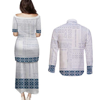 Samoa Siapo Blue Trimmed Couples Matching Puletasi and Long Sleeve Button Shirt Samoa White Sunday - Polynesian Pride